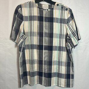 Vintage Weathervane Plaid Button Shoulder‎ Top